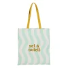 Tote bag en coton vert d'eau et moutarde - Plouf&Sun