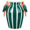 Vase perroquets en grès rayé vert et blanc h22cm - Jungle pop
