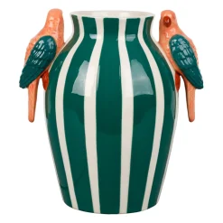Vase perroquets en grès rayé vert et blanc h22cm - Jungle pop